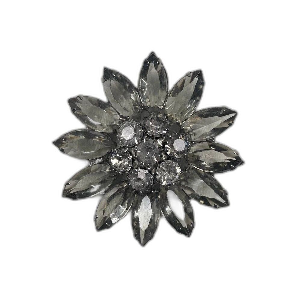 Weiss Signed Vintage Gray & Clear Rhinestone Floral Brooch